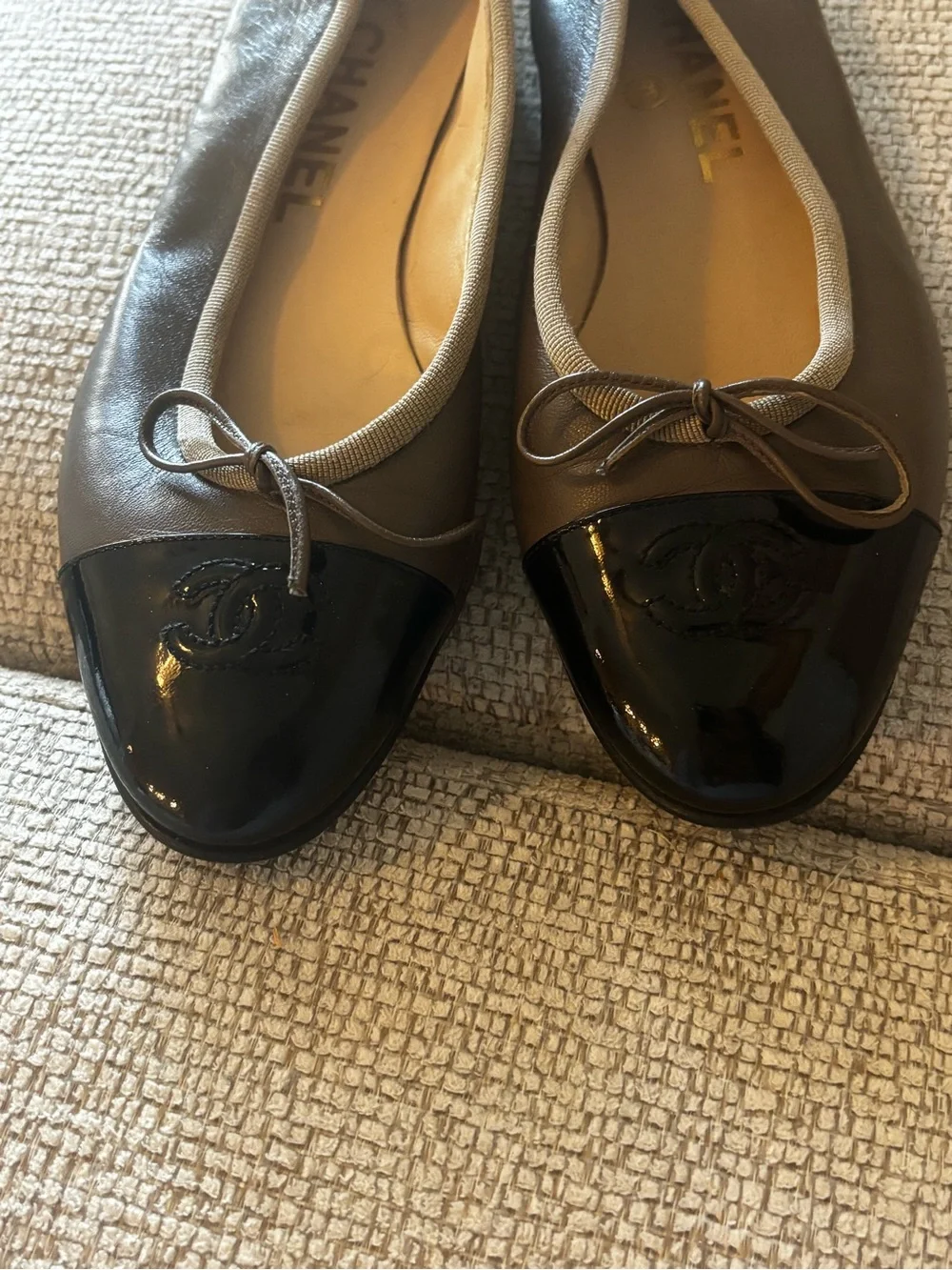 CHANEL Taupe Leather Ballet Flats with Black Patent Cap Toe
